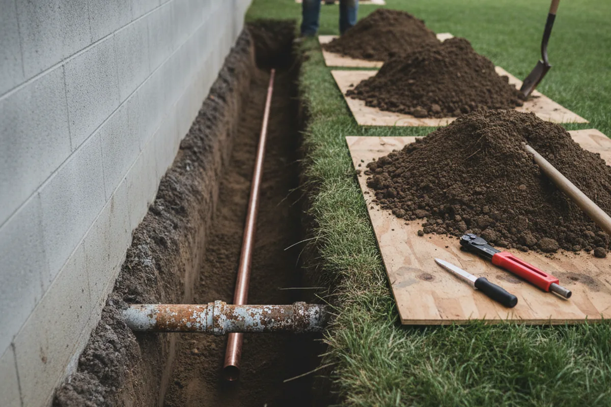 Excavated water line trench during Water Softener Installation in Kerens